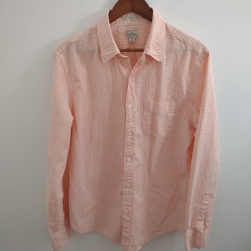 J-Crew Orange Plaid Large Button Up‎ 100% Organic Cotton Slim Dress Shirt
